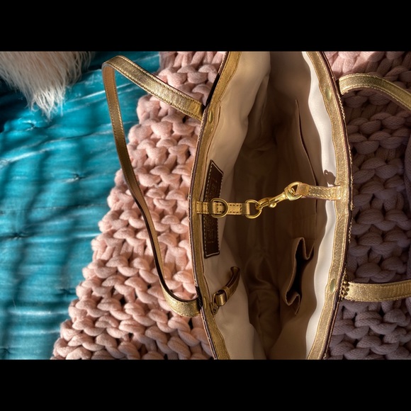 COACH Signature Striped Khaki/Gold Tote - Picture 8 of 10